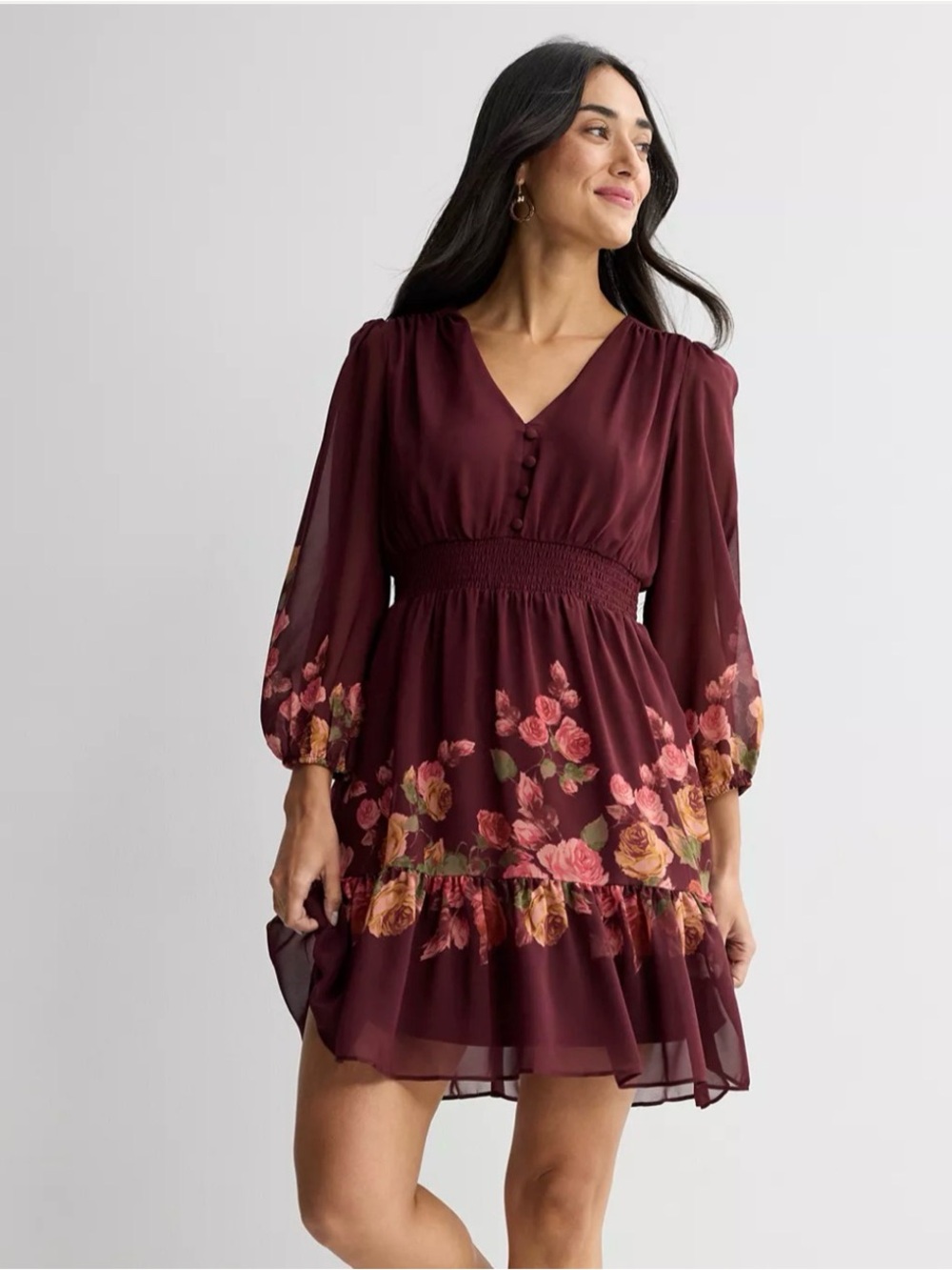 Maison Tara Burgundy Floral V-Neck Smocked Mini Dress